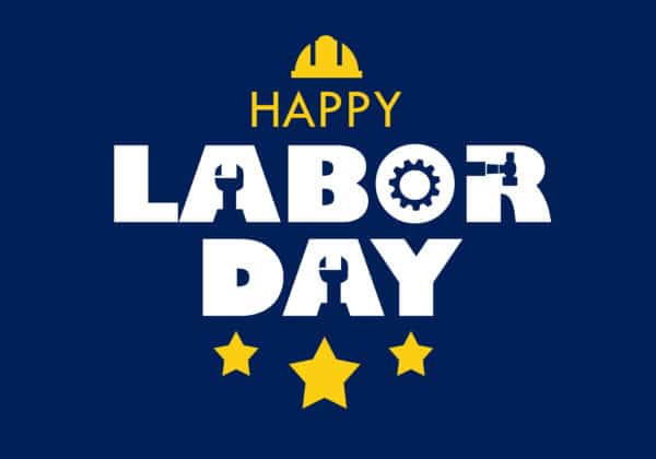 Happy Labor Day with navy background. stars, and blue collar worker tools