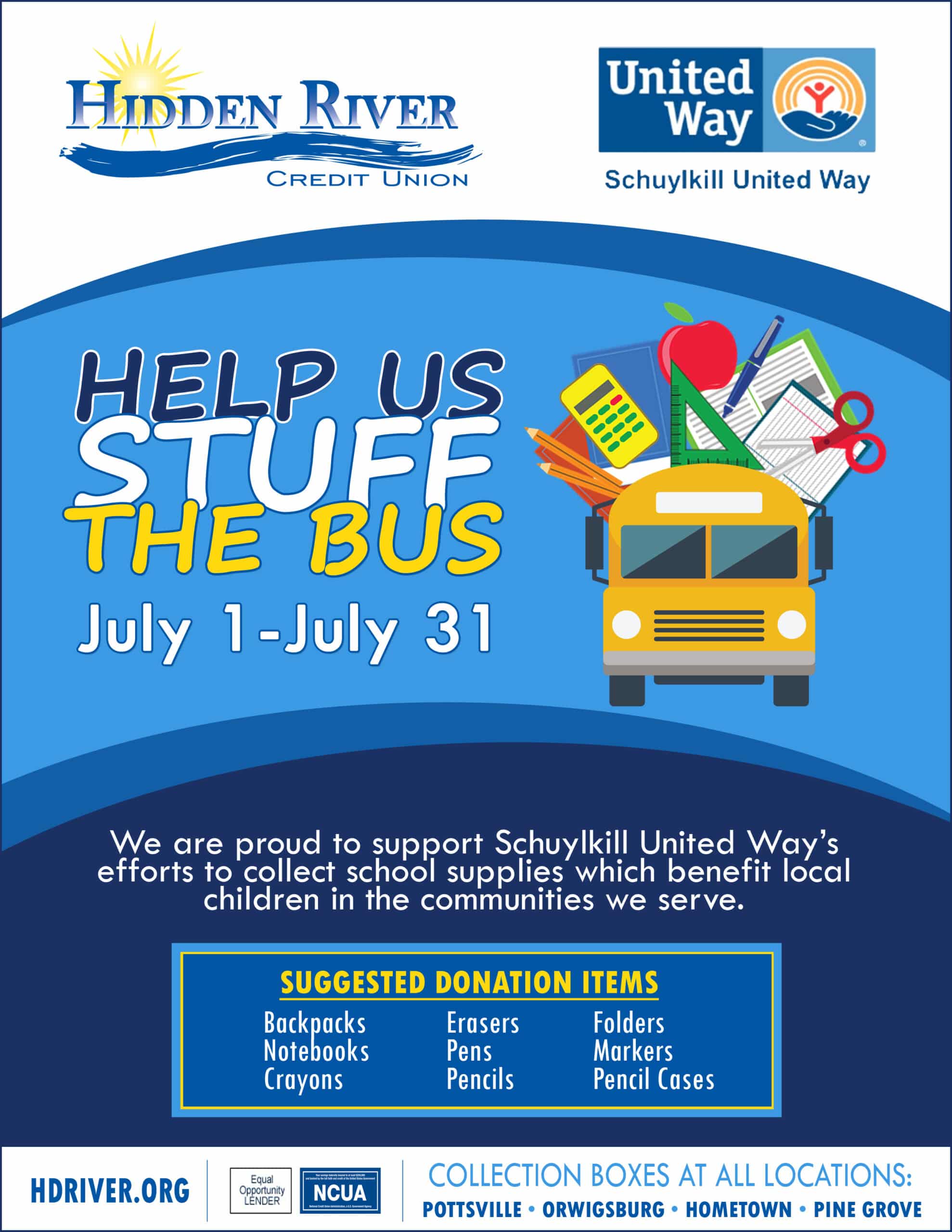 Flyer of bus filled with school supplies and request to help stuff the bus